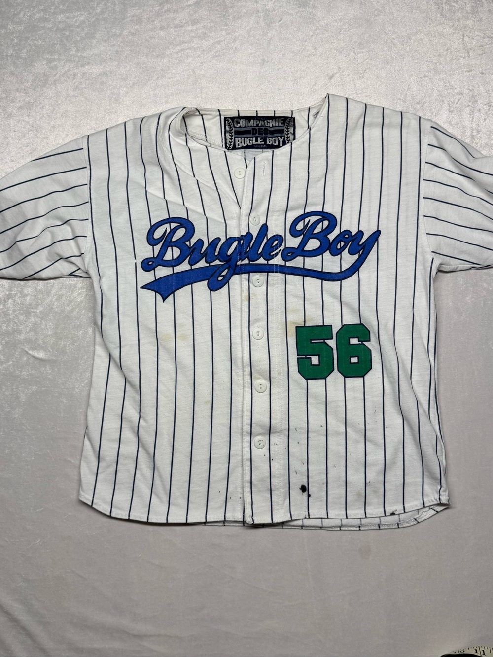 VTG Bugle Boy White Pinstripe Baseball Jersey with Blue Script and Green 56